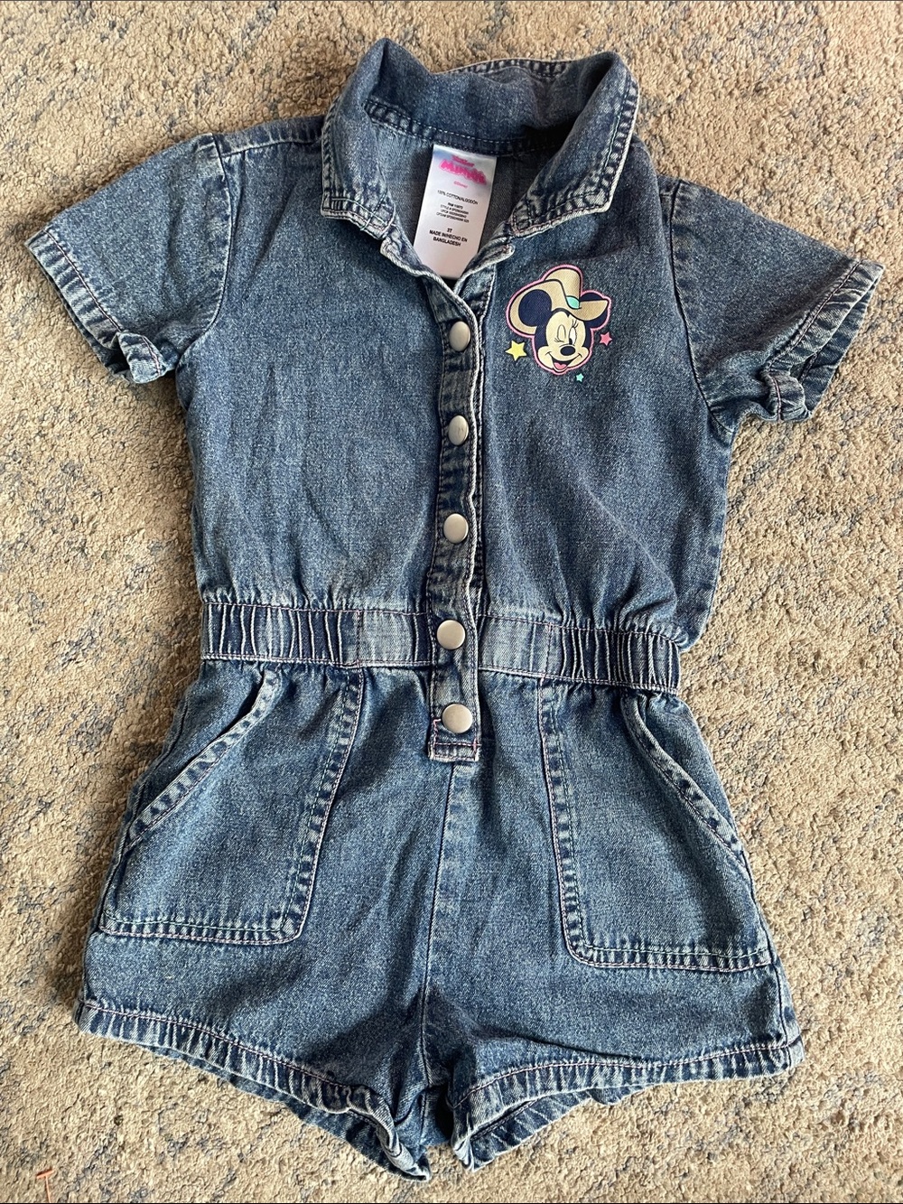Disney Denim Romper with Multicolor Mickey Patch - Blue